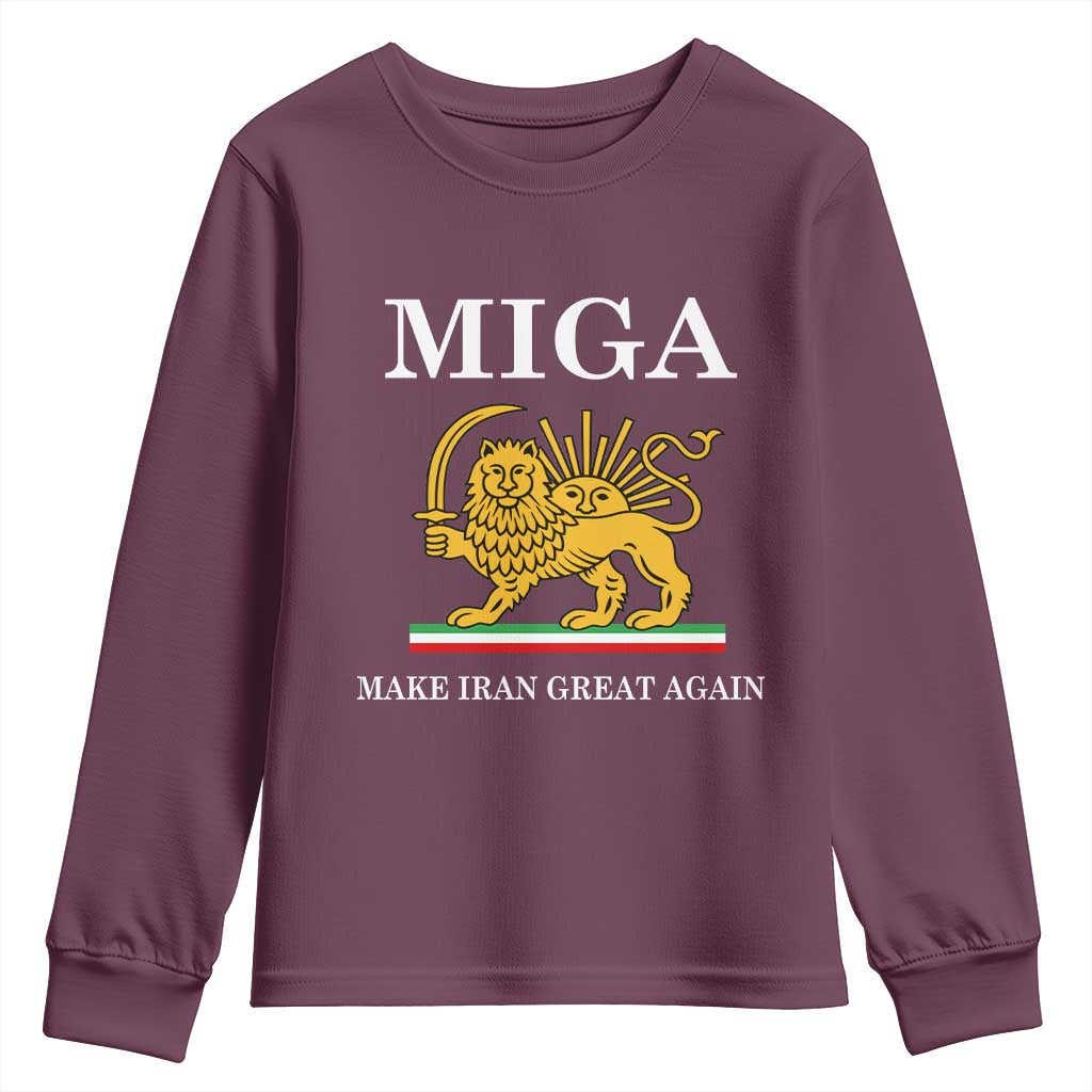 Make Iran Great Again Patriotic MIGA Youth Sweatshirt Lion and Sun Iranian Revolution Freedom Supporters TS02 Maroon Print Your Wear