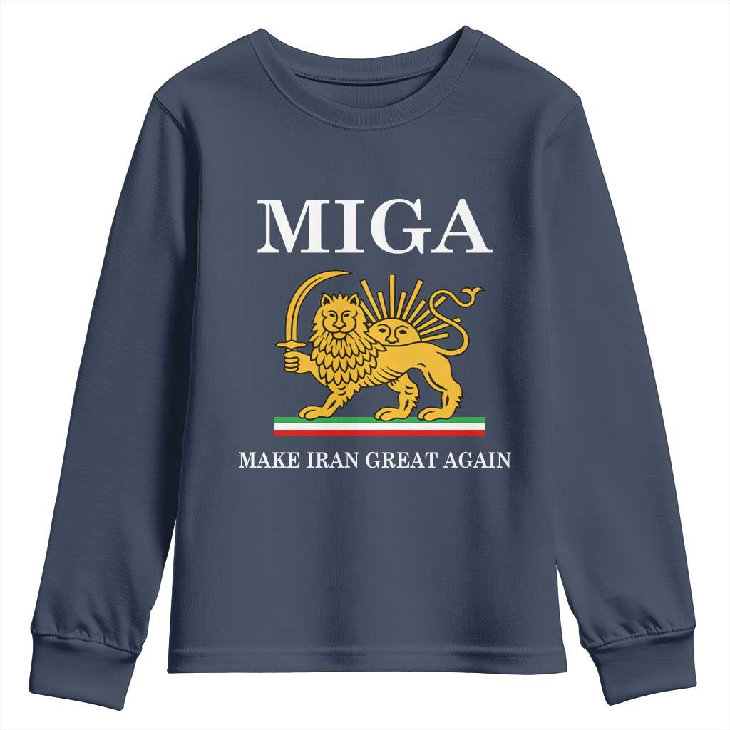 Make Iran Great Again Patriotic MIGA Youth Sweatshirt Lion and Sun Iranian Revolution Freedom Supporters TS02 Navy Print Your Wear