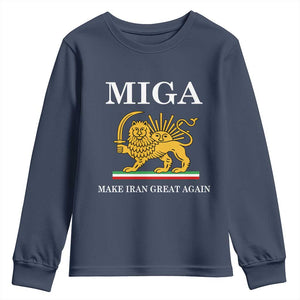 Make Iran Great Again Patriotic MIGA Youth Sweatshirt Lion and Sun Iranian Revolution Freedom Supporters TS02 Navy Print Your Wear