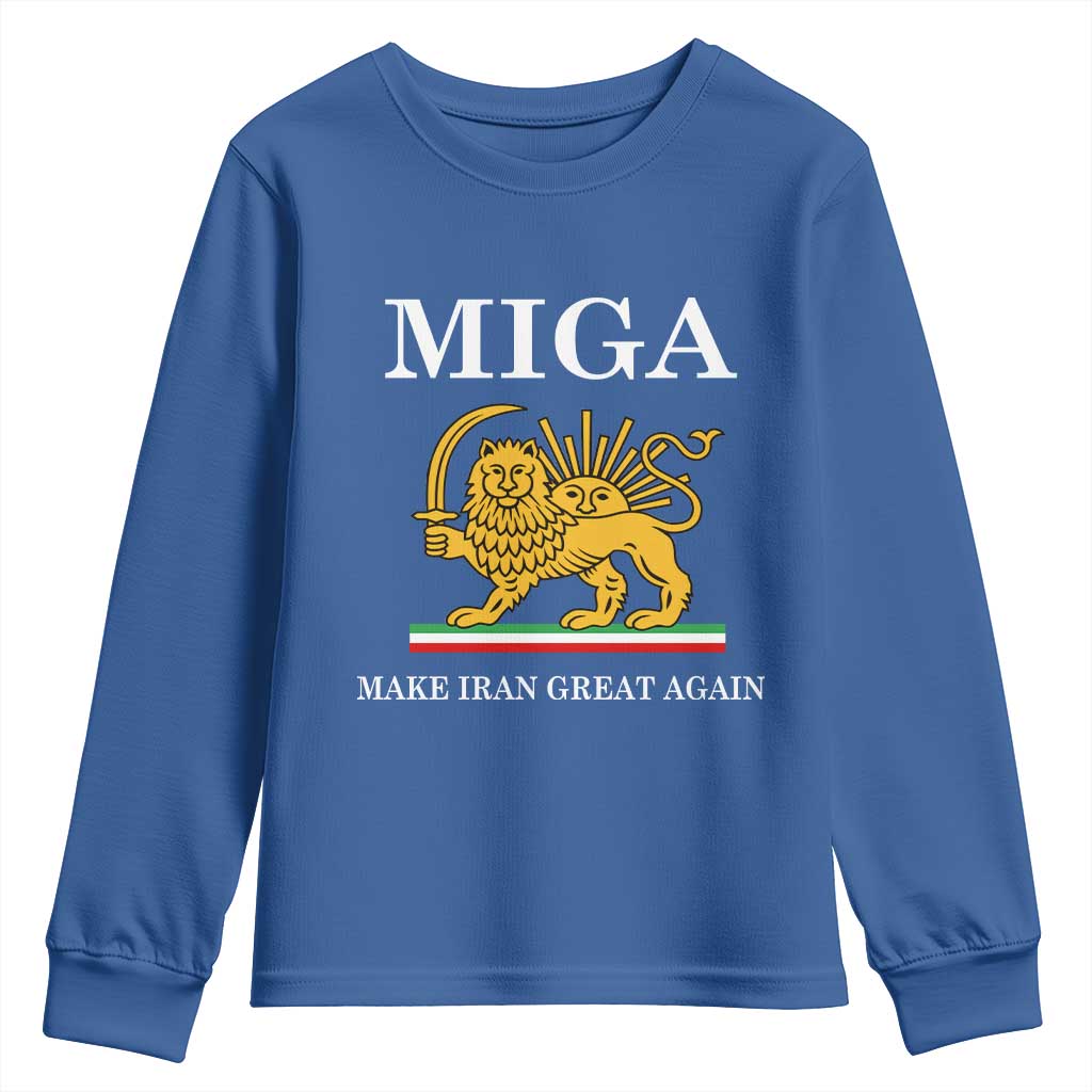 Make Iran Great Again Patriotic MIGA Youth Sweatshirt Lion and Sun Iranian Revolution Freedom Supporters TS02 Royal Blue Print Your Wear