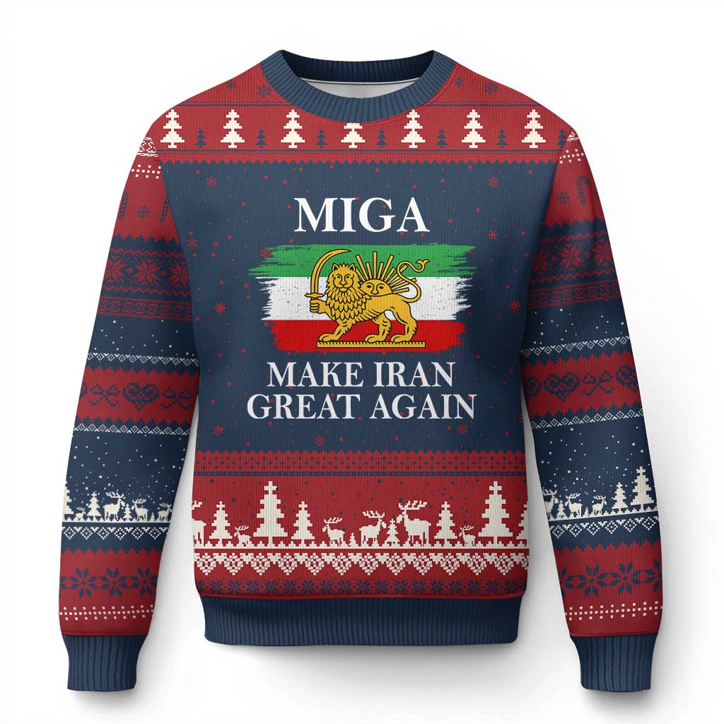 Make Iran Great Again Patriotic MIGA Ugly Christmas Sweater Lion and Sun Flag Iranian Revolution TS02 Navy Red Print Your Wear
