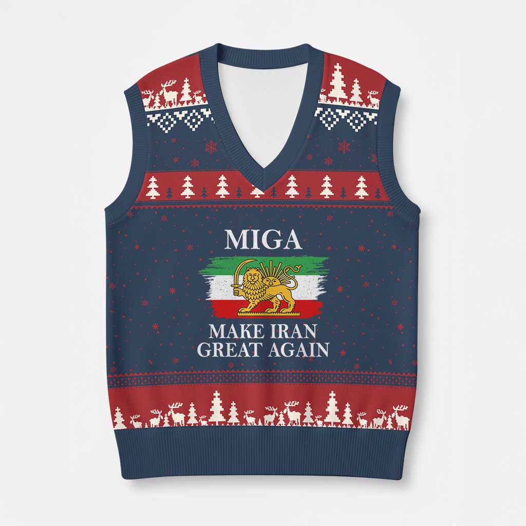 Make Iran Great Again Patriotic MIGA V-Neck Knit Sweater Vest Lion and Sun Flag Iranian Revolution TS02 Navy Red Print Your Wear