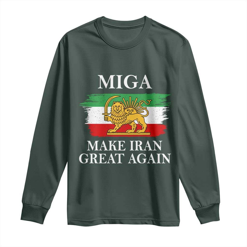 Make Iran Great Again Patriotic MIGA Long Sleeve Shirt Lion and Sun Flag Iranian Revolution TS02 Dark Forest Green Print Your Wear