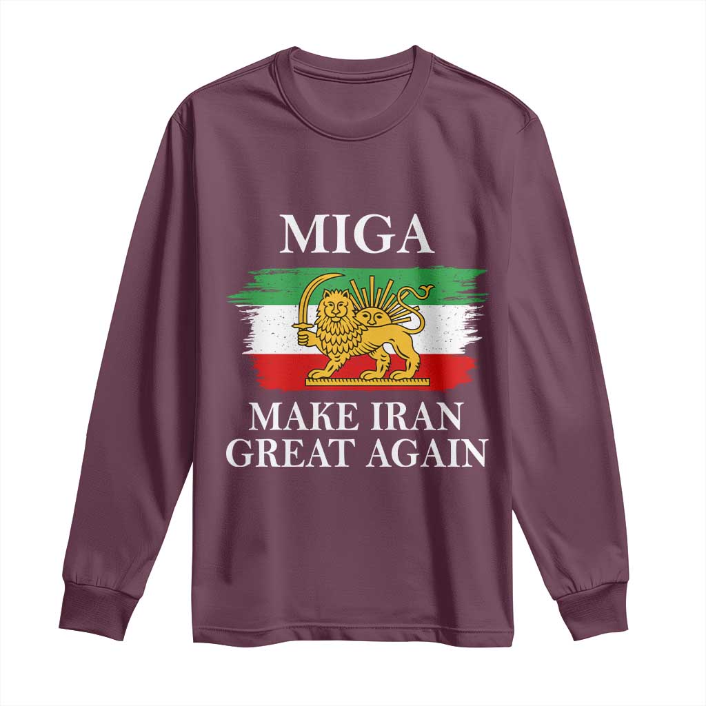 Make Iran Great Again Patriotic MIGA Long Sleeve Shirt Lion and Sun Flag Iranian Revolution TS02 Maroon Print Your Wear