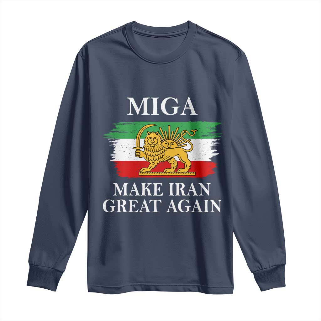 Make Iran Great Again Patriotic MIGA Long Sleeve Shirt Lion and Sun Flag Iranian Revolution TS02 Navy Print Your Wear