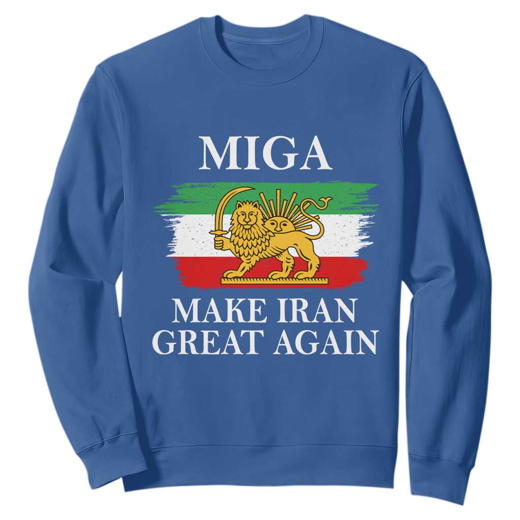 Make Iran Great Again Patriotic MIGA Sweatshirt Lion and Sun Flag Iranian Revolution TS02 Royal Blue Print Your Wear