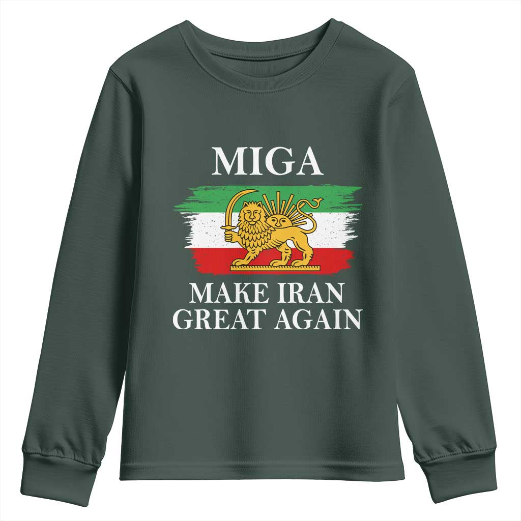 Make Iran Great Again Patriotic MIGA Youth Sweatshirt Lion and Sun Flag Iranian Revolution TS02 Dark Forest Green Print Your Wear