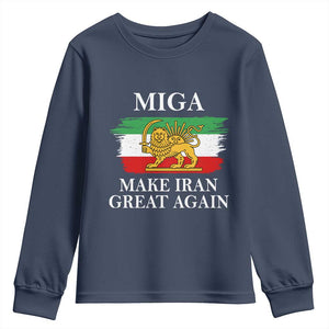 Make Iran Great Again Patriotic MIGA Youth Sweatshirt Lion and Sun Flag Iranian Revolution TS02 Navy Print Your Wear