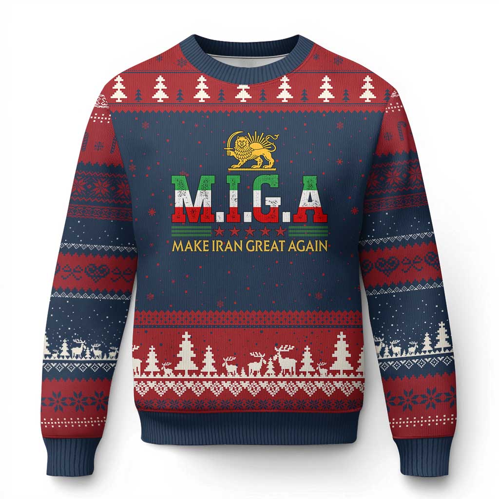 Make Iran Great Again Patriotic MIGA Ugly Christmas Sweater Lion and Sun Persian Flag Freedom Iranian Revolution TS02 Navy Red Print Your Wear