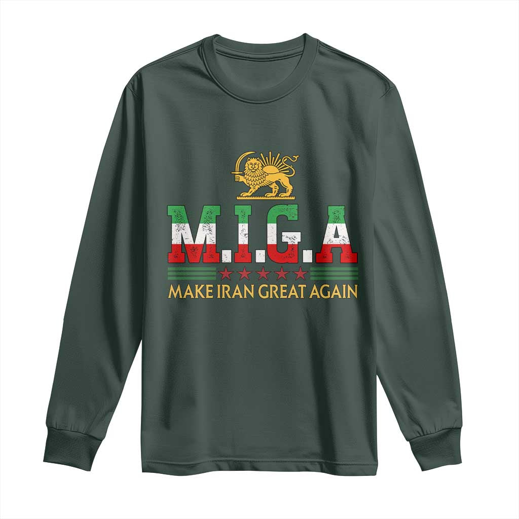 Make Iran Great Again Patriotic MIGA Long Sleeve Shirt Lion and Sun Persian Flag Freedom Iranian Revolution TS02 Dark Forest Green Print Your Wear