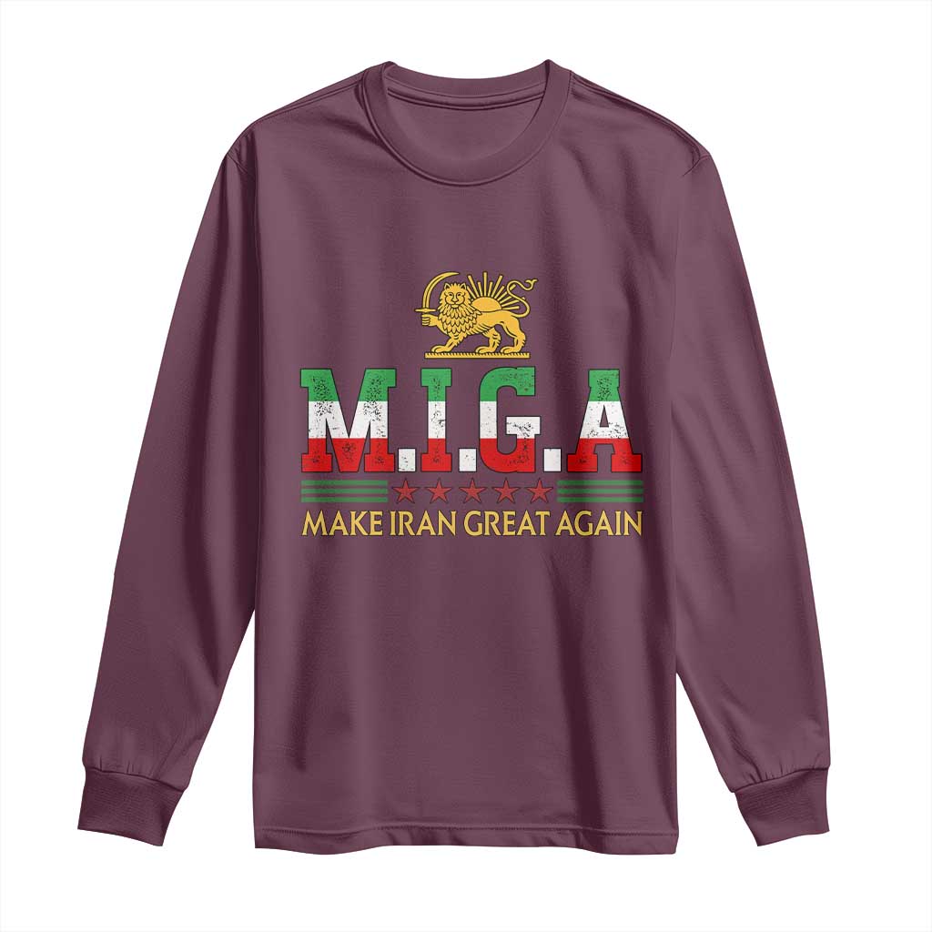 Make Iran Great Again Patriotic MIGA Long Sleeve Shirt Lion and Sun Persian Flag Freedom Iranian Revolution TS02 Maroon Print Your Wear