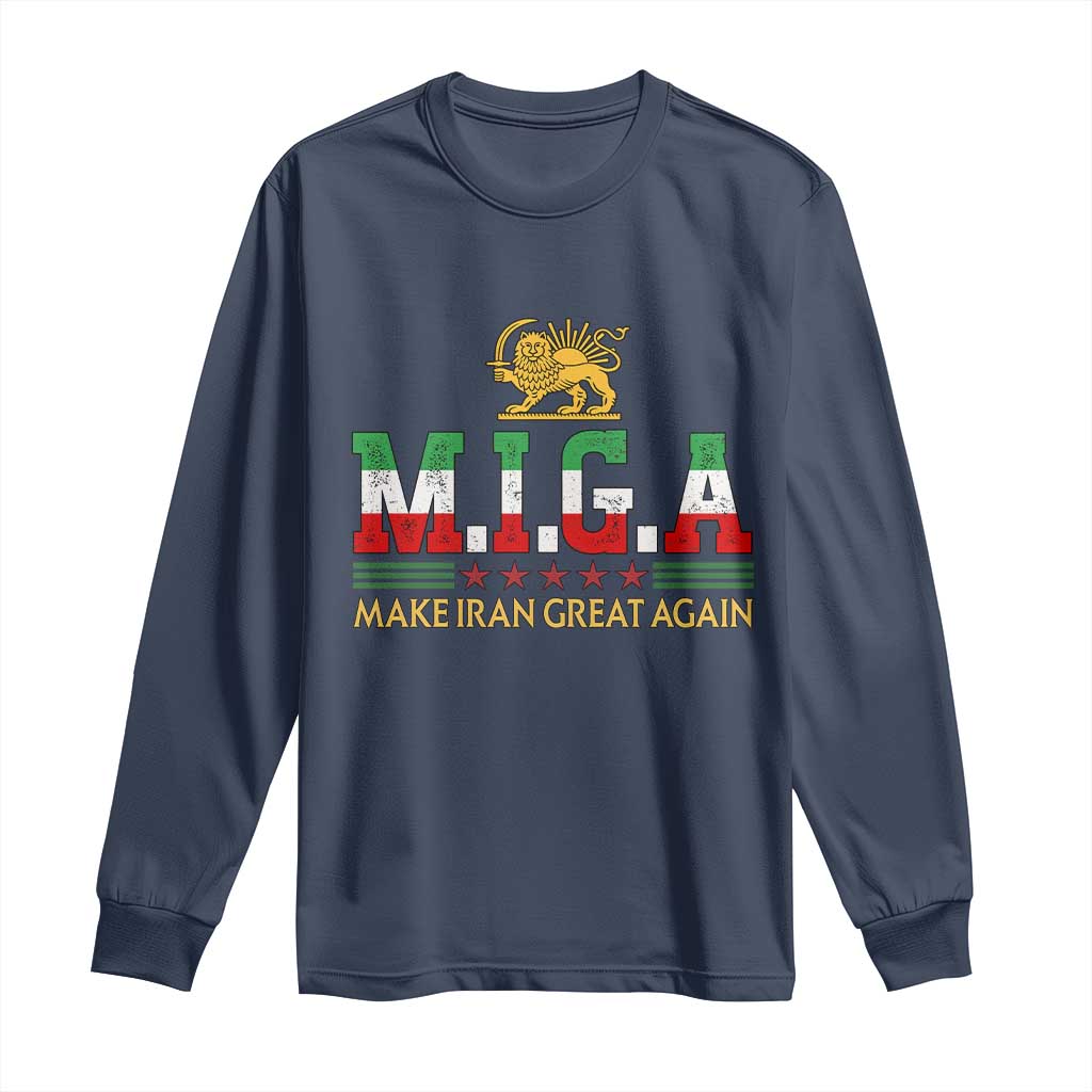Make Iran Great Again Patriotic MIGA Long Sleeve Shirt Lion and Sun Persian Flag Freedom Iranian Revolution TS02 Navy Print Your Wear
