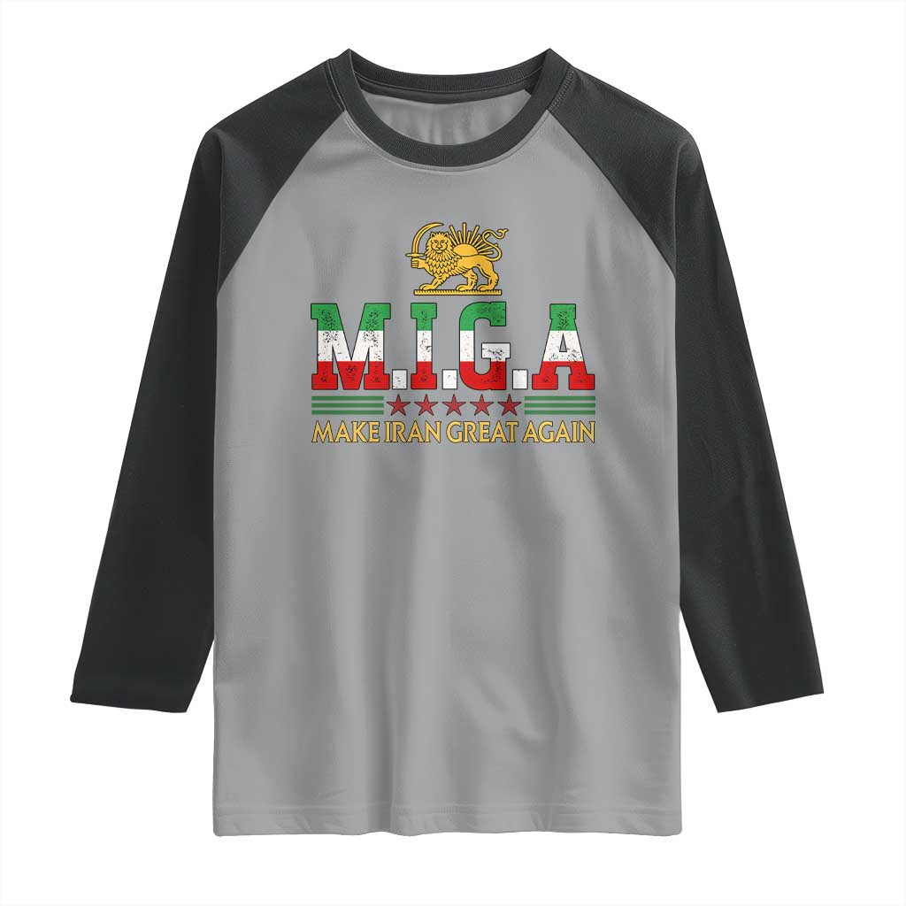 Make Iran Great Again Patriotic MIGA Raglan Shirt Lion and Sun Persian Flag Freedom Iranian Revolution TS02 Sport Gray Black Print Your Wear