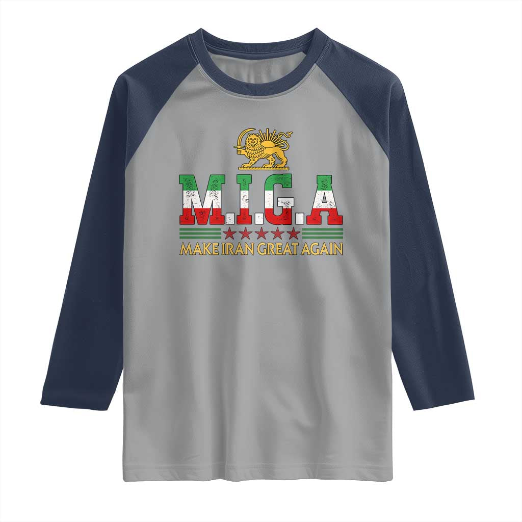 Make Iran Great Again Patriotic MIGA Raglan Shirt Lion and Sun Persian Flag Freedom Iranian Revolution TS02 Sport Gray Navy Print Your Wear
