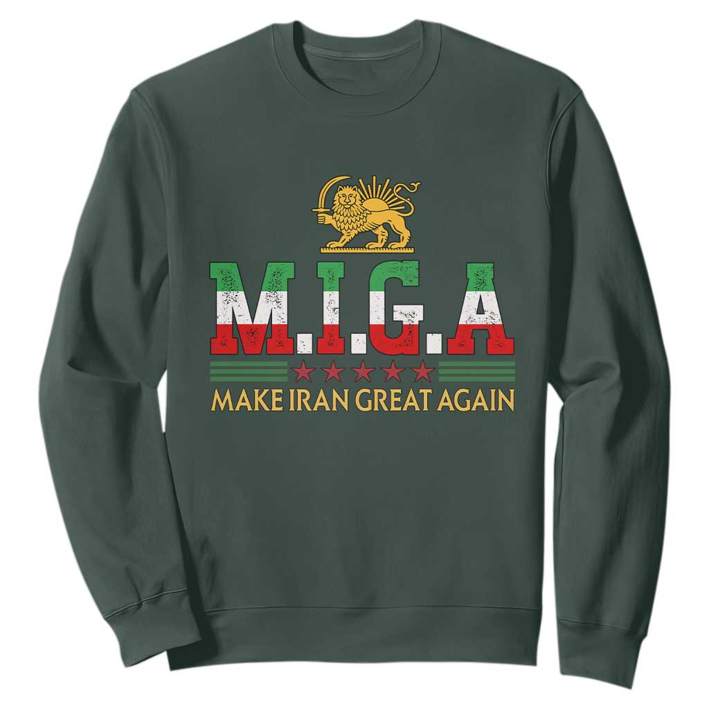Make Iran Great Again Patriotic MIGA Sweatshirt Lion and Sun Persian Flag Freedom Iranian Revolution TS02 Dark Forest Green Print Your Wear