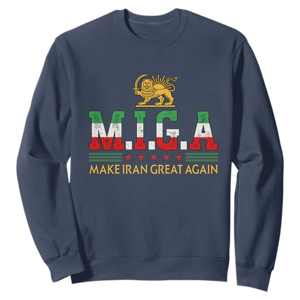 Make Iran Great Again Patriotic MIGA Sweatshirt Lion and Sun Persian Flag Freedom Iranian Revolution TS02 Navy Print Your Wear