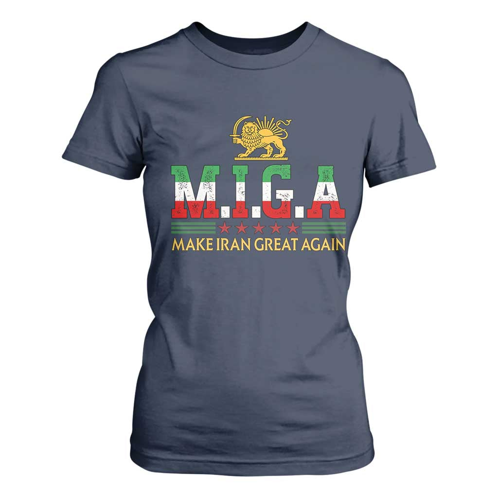 Make Iran Great Again Patriotic MIGA T Shirt For Women Lion and Sun Persian Flag Freedom Iranian Revolution TS02 Navy Print Your Wear