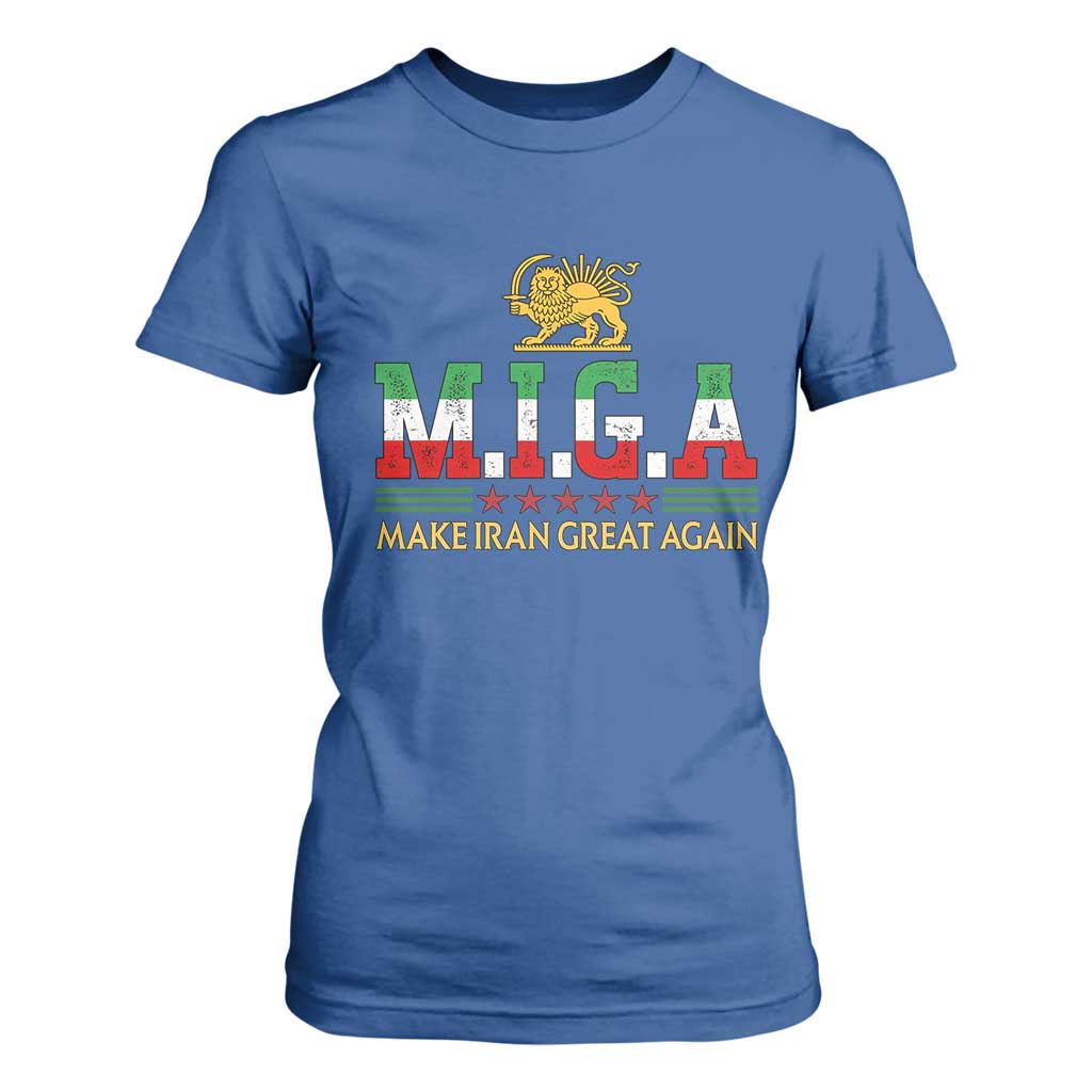 Make Iran Great Again Patriotic MIGA T Shirt For Women Lion and Sun Persian Flag Freedom Iranian Revolution TS02 Royal Blue Print Your Wear
