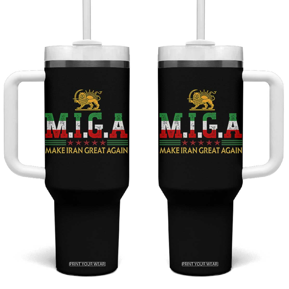 Make Iran Great Again Patriotic MIGA Tumbler With Handle Lion and Sun Persian Flag Freedom Iranian Revolution TS02 One Size: 40 oz Black Print Your Wear