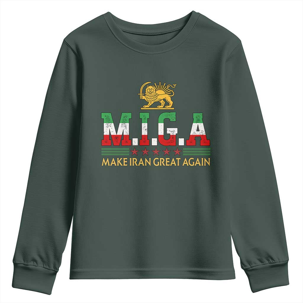 Make Iran Great Again Patriotic MIGA Youth Sweatshirt Lion and Sun Persian Flag Freedom Iranian Revolution TS02 Dark Forest Green Print Your Wear