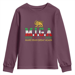 Make Iran Great Again Patriotic MIGA Youth Sweatshirt Lion and Sun Persian Flag Freedom Iranian Revolution TS02 Maroon Print Your Wear