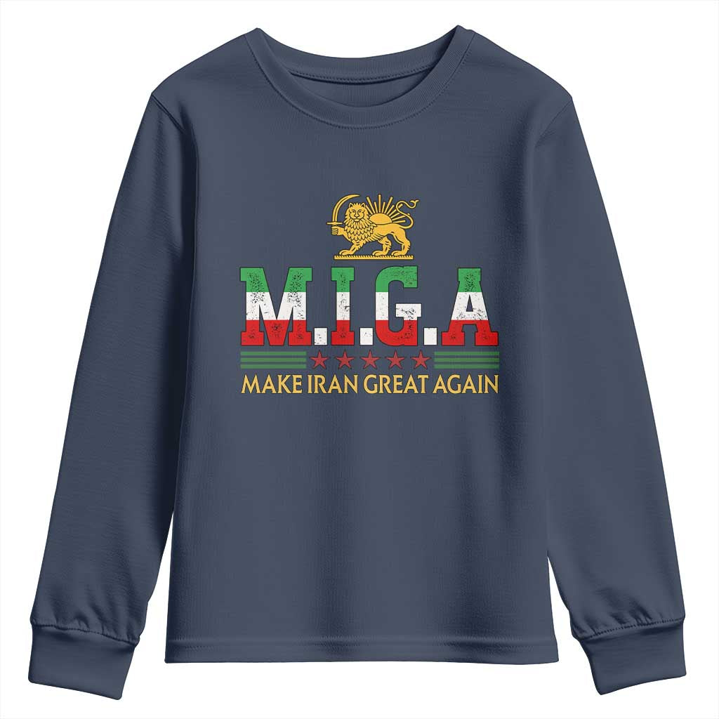 Make Iran Great Again Patriotic MIGA Youth Sweatshirt Lion and Sun Persian Flag Freedom Iranian Revolution TS02 Navy Print Your Wear