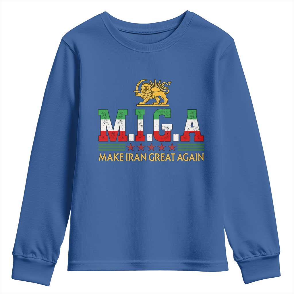Make Iran Great Again Patriotic MIGA Youth Sweatshirt Lion and Sun Persian Flag Freedom Iranian Revolution TS02 Royal Blue Print Your Wear