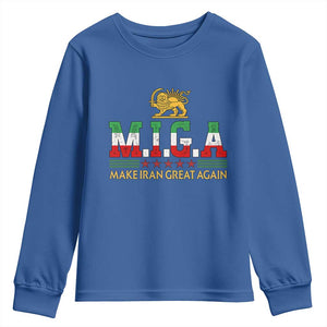 Make Iran Great Again Patriotic MIGA Youth Sweatshirt Lion and Sun Persian Flag Freedom Iranian Revolution TS02 Royal Blue Print Your Wear