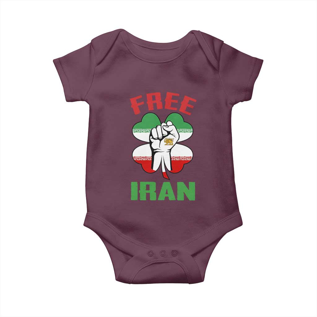 Free Iran Raised Fist and Persian Flag Clover Baby Onesie Lion and Sun Freedom Fighter Iranian Revolution TS02 Maroon Print Your Wear