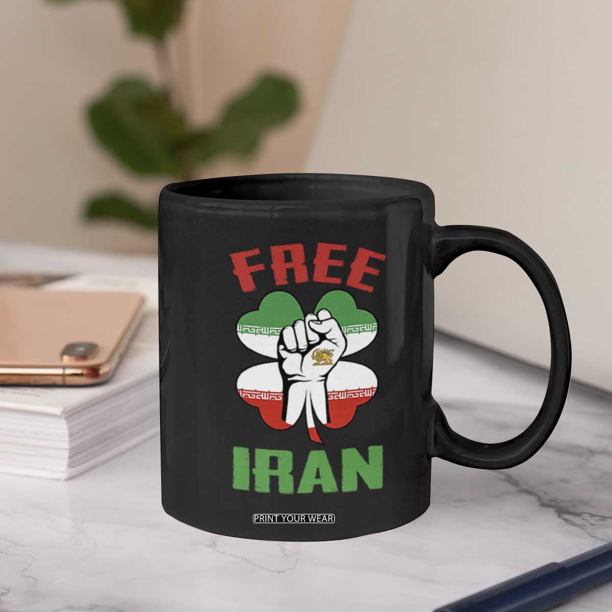 Free Iran Raised Fist and Persian Flag Clover Coffee Mug Lion and Sun Freedom Fighter Iranian Revolution TS02 Print Your Wear