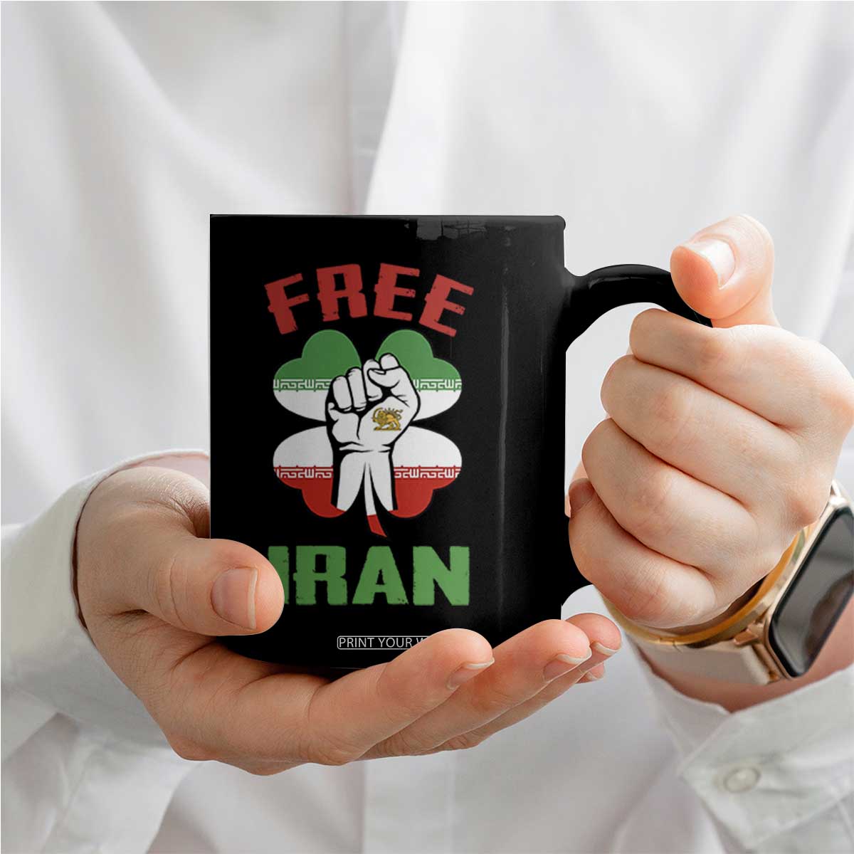 Free Iran Raised Fist and Persian Flag Clover Coffee Mug Lion and Sun Freedom Fighter Iranian Revolution TS02 Print Your Wear