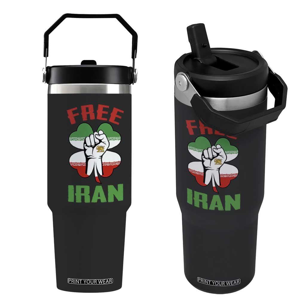Free Iran Raised Fist and Persian Flag Clover Flip Straw Tumbler Lion and Sun Freedom Fighter Iranian Revolution TS02 One Size: 30 oz Black Print Your Wear