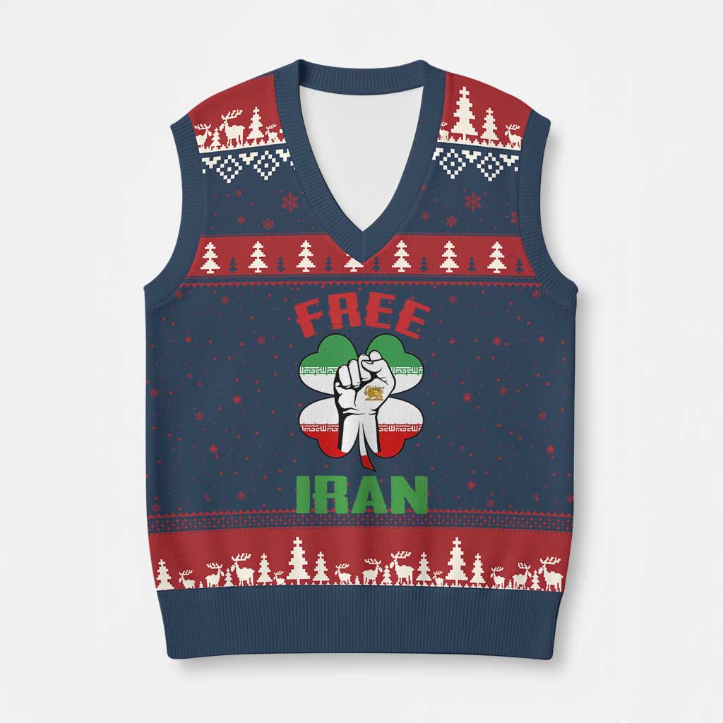 Free Iran Raised Fist and Persian Flag Clover V-Neck Knit Sweater Vest Lion and Sun Freedom Fighter Iranian Revolution TS02 Navy Red Print Your Wear