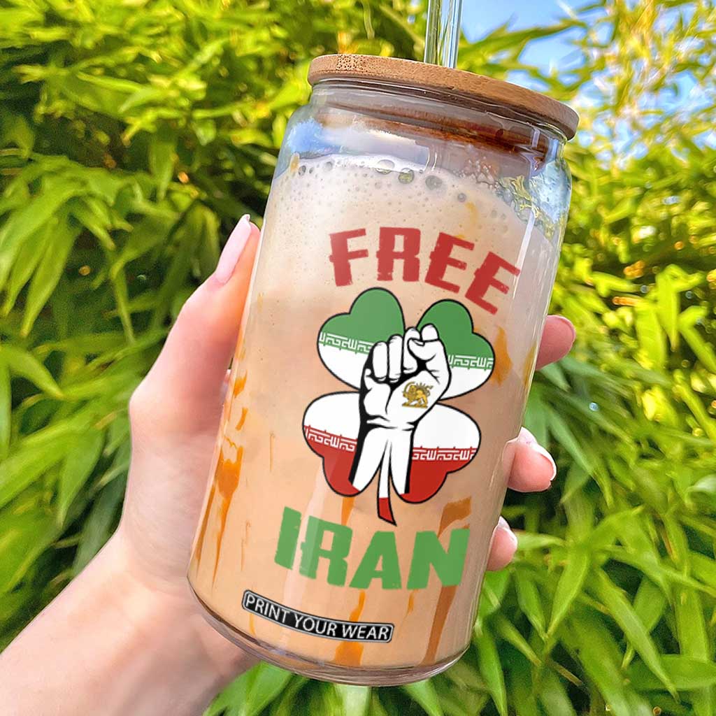 Free Iran Raised Fist and Persian Flag Clover Glass Can Lion and Sun Freedom Fighter Iranian Revolution TS02 Black Print Your Wear