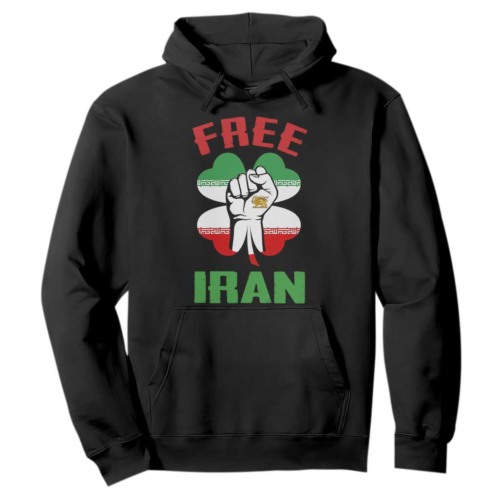 Free Iran Raised Fist and Persian Flag Clover Hoodie Lion and Sun Freedom Fighter Iranian Revolution TS02 Black Print Your Wear