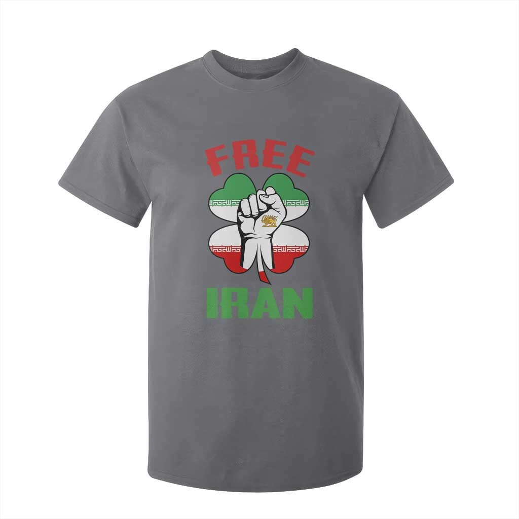 Free Iran Raised Fist and Persian Flag Clover T Shirt For Kid Lion and Sun Freedom Fighter Iranian Revolution TS02 Charcoal Print Your Wear