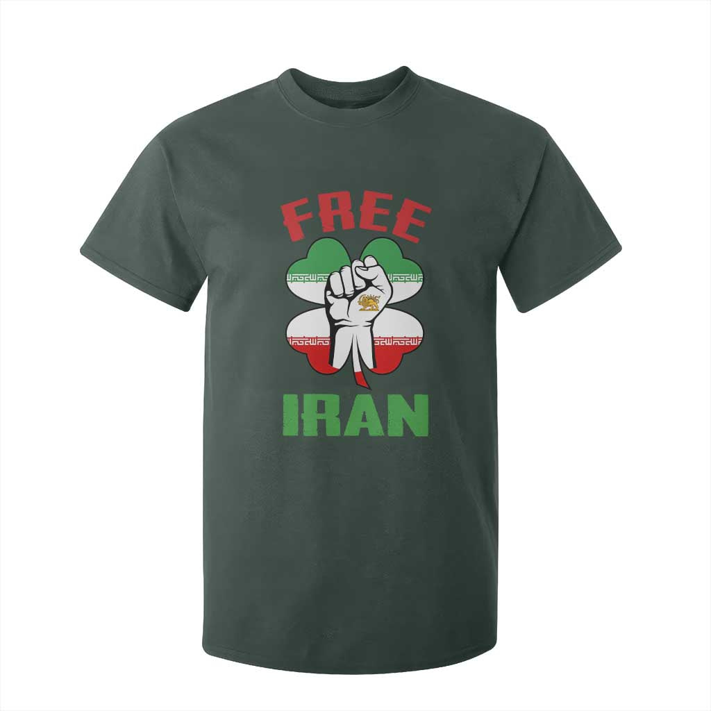 Free Iran Raised Fist and Persian Flag Clover T Shirt For Kid Lion and Sun Freedom Fighter Iranian Revolution TS02 Dark Forest Green Print Your Wear