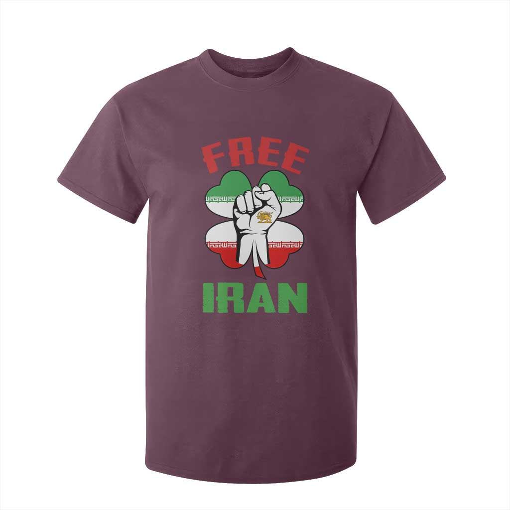 Free Iran Raised Fist and Persian Flag Clover T Shirt For Kid Lion and Sun Freedom Fighter Iranian Revolution TS02 Maroon Print Your Wear