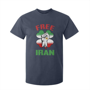 Free Iran Raised Fist and Persian Flag Clover T Shirt For Kid Lion and Sun Freedom Fighter Iranian Revolution TS02 Navy Print Your Wear