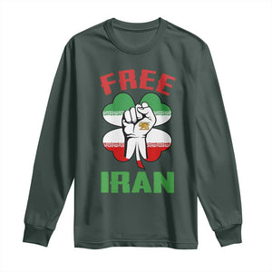 Free Iran Raised Fist and Persian Flag Clover Long Sleeve Shirt Lion and Sun Freedom Fighter Iranian Revolution TS02 Dark Forest Green Print Your Wear