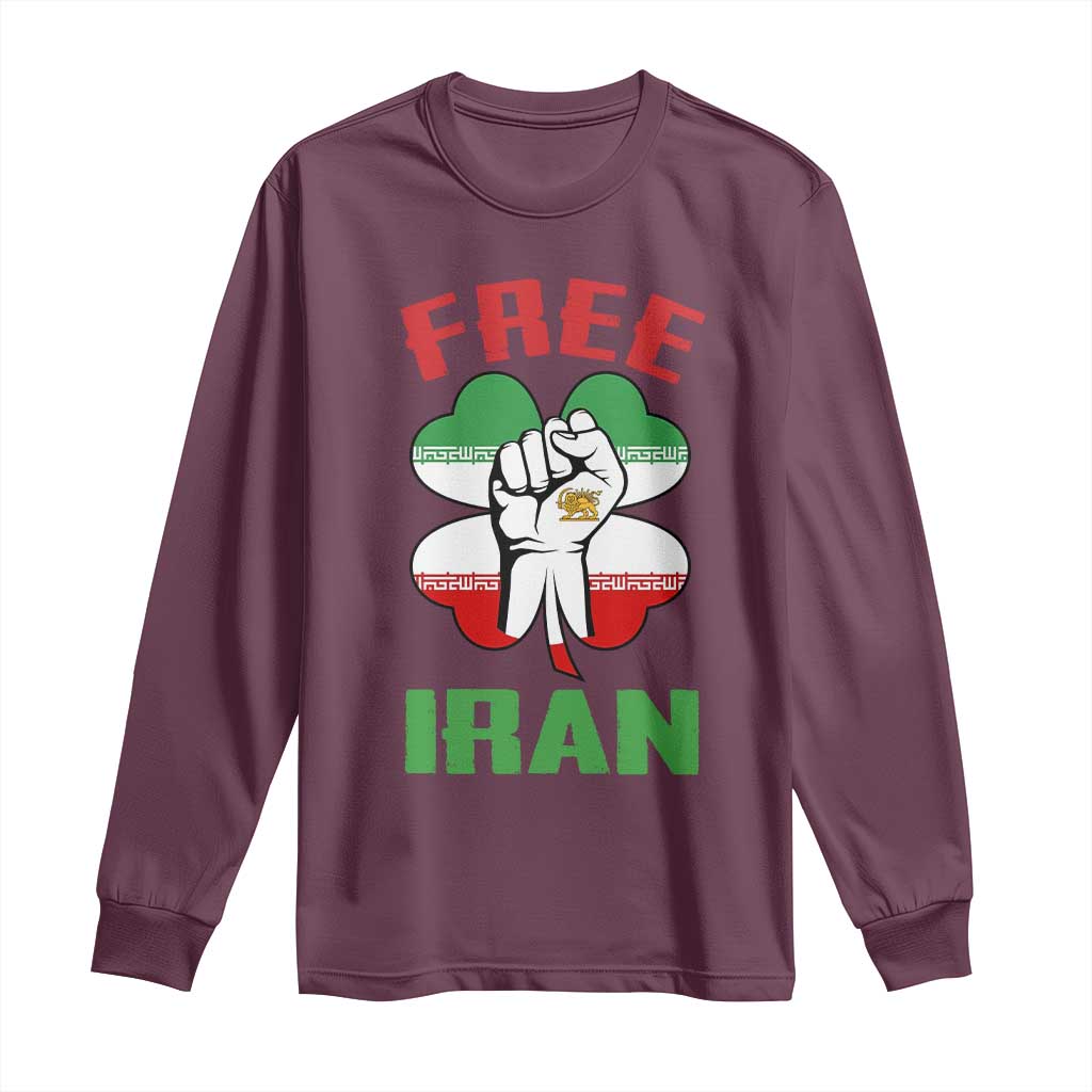 Free Iran Raised Fist and Persian Flag Clover Long Sleeve Shirt Lion and Sun Freedom Fighter Iranian Revolution TS02 Maroon Print Your Wear