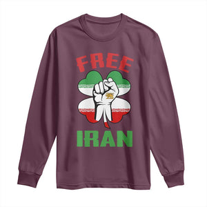 Free Iran Raised Fist and Persian Flag Clover Long Sleeve Shirt Lion and Sun Freedom Fighter Iranian Revolution TS02 Maroon Print Your Wear