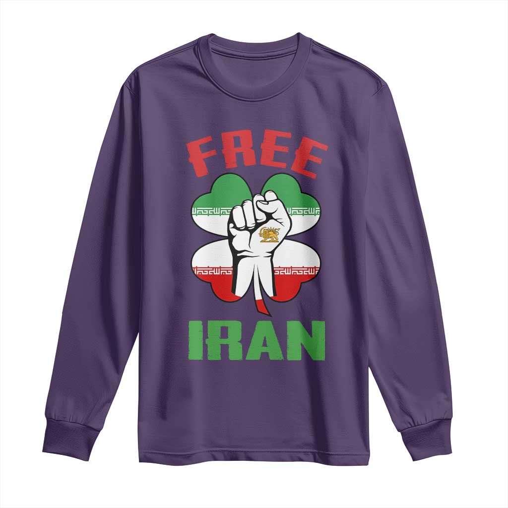 Free Iran Raised Fist and Persian Flag Clover Long Sleeve Shirt Lion and Sun Freedom Fighter Iranian Revolution TS02 Purple Print Your Wear