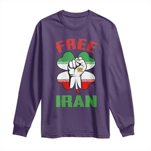 Free Iran Raised Fist and Persian Flag Clover Long Sleeve Shirt Lion and Sun Freedom Fighter Iranian Revolution TS02 Purple Print Your Wear