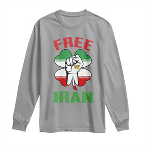 Free Iran Raised Fist and Persian Flag Clover Long Sleeve Shirt Lion and Sun Freedom Fighter Iranian Revolution TS02 Sport Gray Print Your Wear