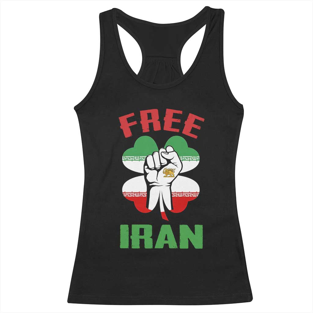 Free Iran Raised Fist and Persian Flag Clover Racerback Tank Top Lion and Sun Freedom Fighter Iranian Revolution TS02 Black Print Your Wear