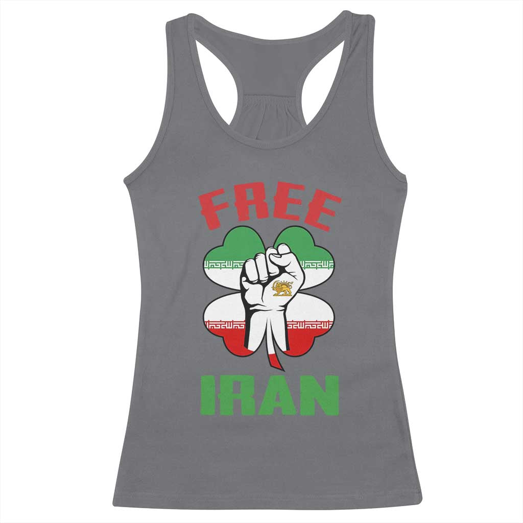 Free Iran Raised Fist and Persian Flag Clover Racerback Tank Top Lion and Sun Freedom Fighter Iranian Revolution TS02 Charcoal Print Your Wear
