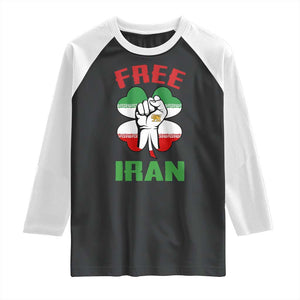 Free Iran Raised Fist and Persian Flag Clover Raglan Shirt Lion and Sun Freedom Fighter Iranian Revolution TS02 Black White Print Your Wear