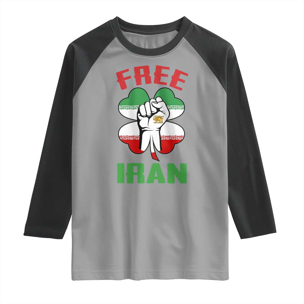 Free Iran Raised Fist and Persian Flag Clover Raglan Shirt Lion and Sun Freedom Fighter Iranian Revolution TS02 Sport Gray Black Print Your Wear