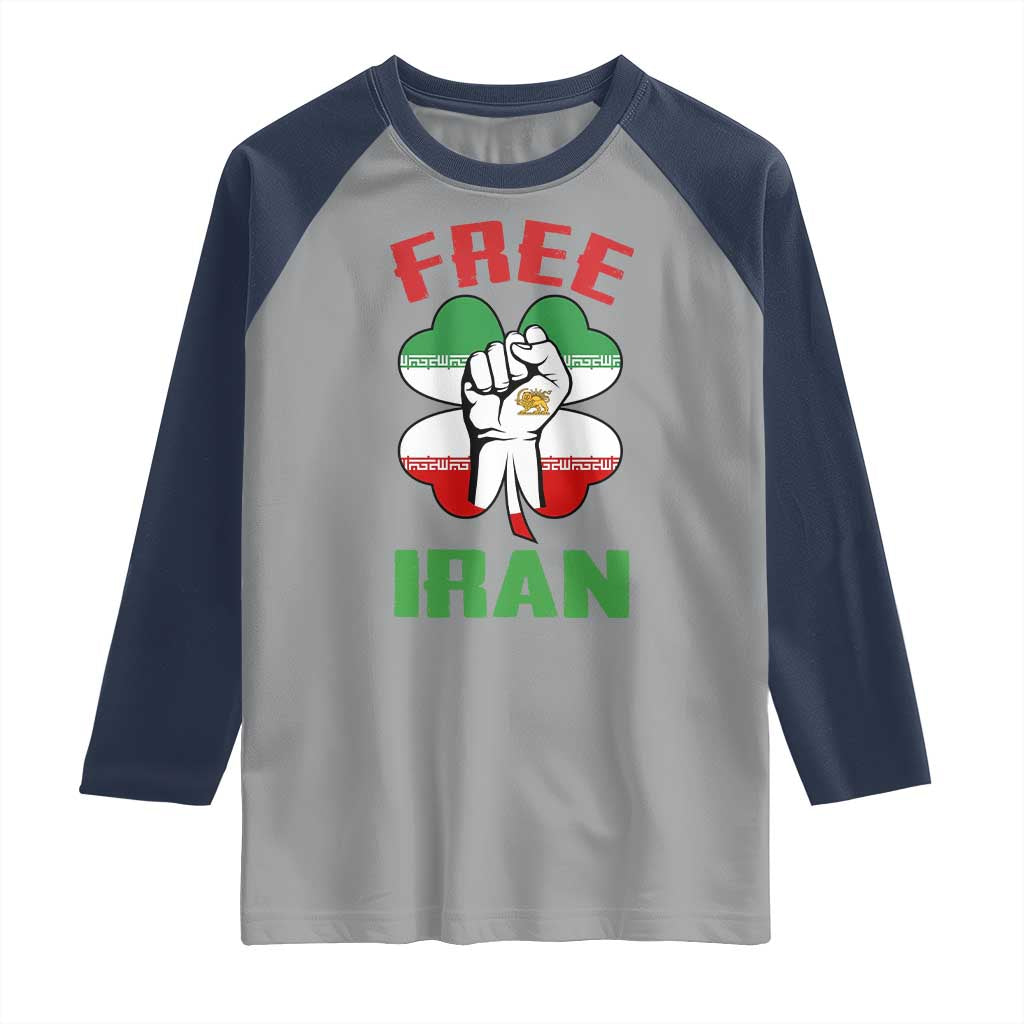 Free Iran Raised Fist and Persian Flag Clover Raglan Shirt Lion and Sun Freedom Fighter Iranian Revolution TS02 Sport Gray Navy Print Your Wear